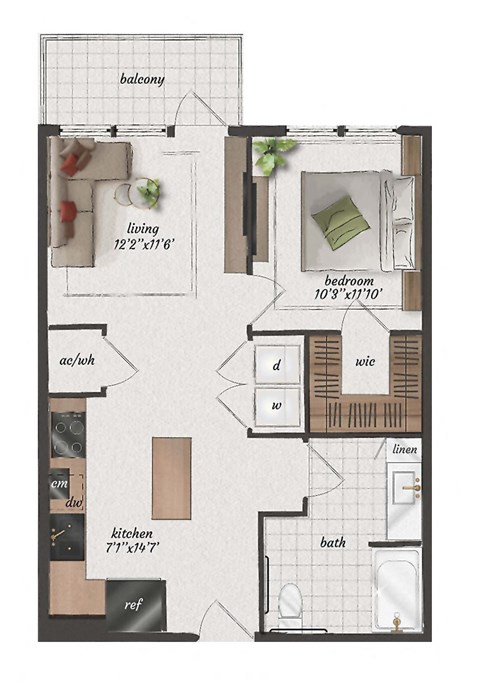 1 Bedroom, 1 Bathroom, 690 Square Feet - A2-ANSI A Floorplan at St. Elmo Apartments in Austin, TX